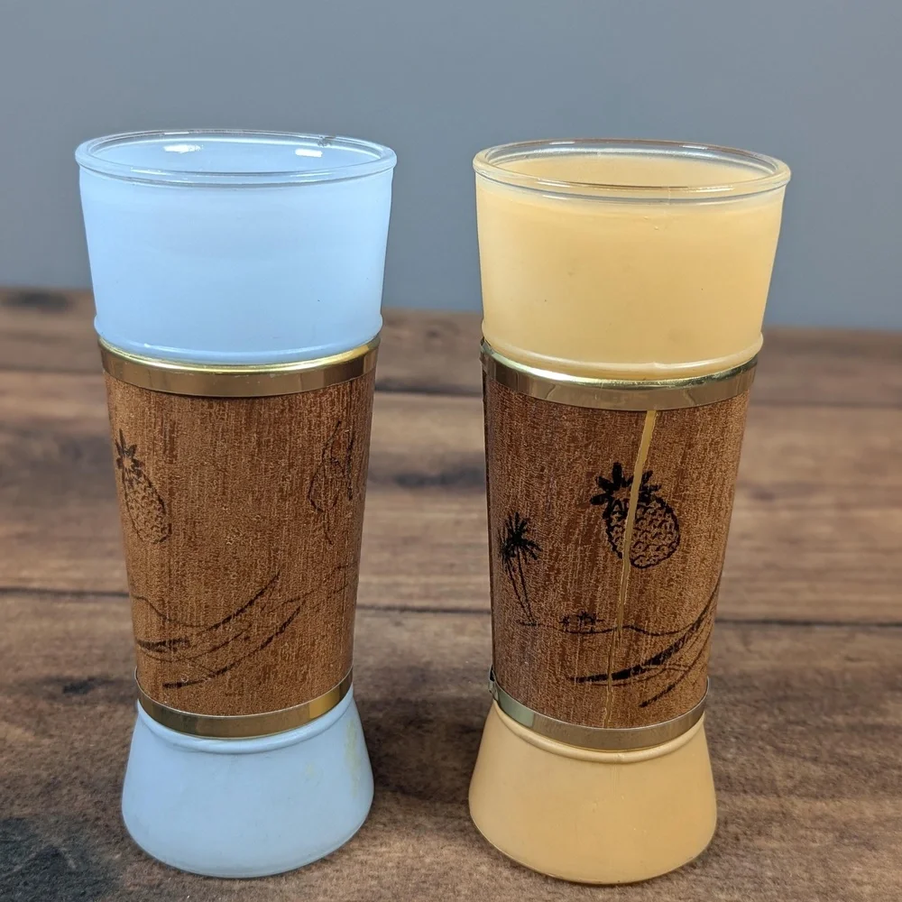 MCM Siesta Ware Drinking Glasses Set Of Four Frosted Glass Wood Accent Gold Trim